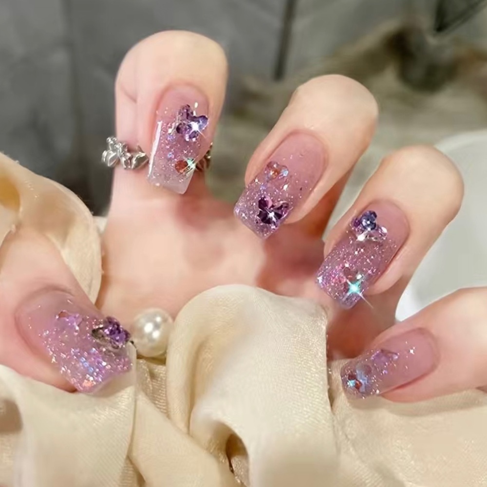 LAST CHANCE🦋 Lilac Glitter Ombre Butterfly Mediu Press On Nails - Picture 1 of 6